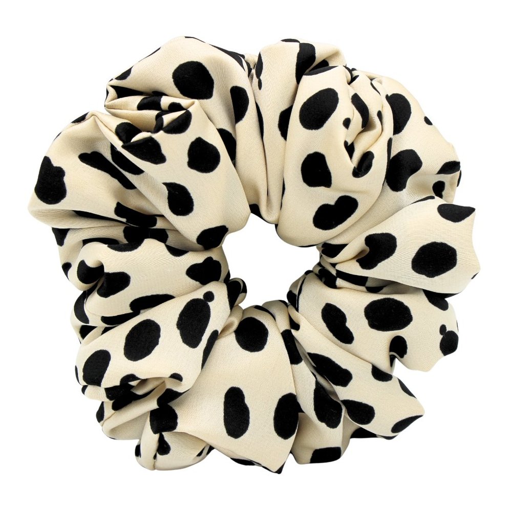 Large Satin Hair Scrunchie, Black and Tan Polka Dot Hair Scrunchie